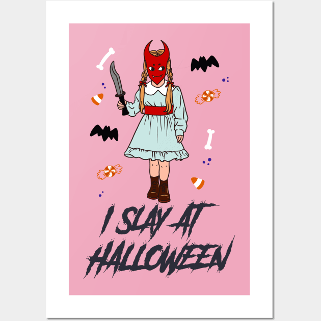 “I Slay At Halloween” Trick Or Treater Girl With Large Knife Wall Art by Tickle Shark Designs